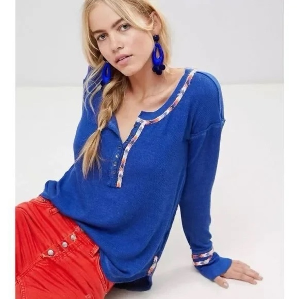 Free People We The Free Size Small Blue Henley Embroidered Rainbow Thermal Top